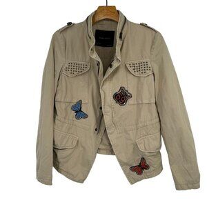 Zara Womens Beige Jacket size Medium Studded Pockets Patches Butterflie Route 69